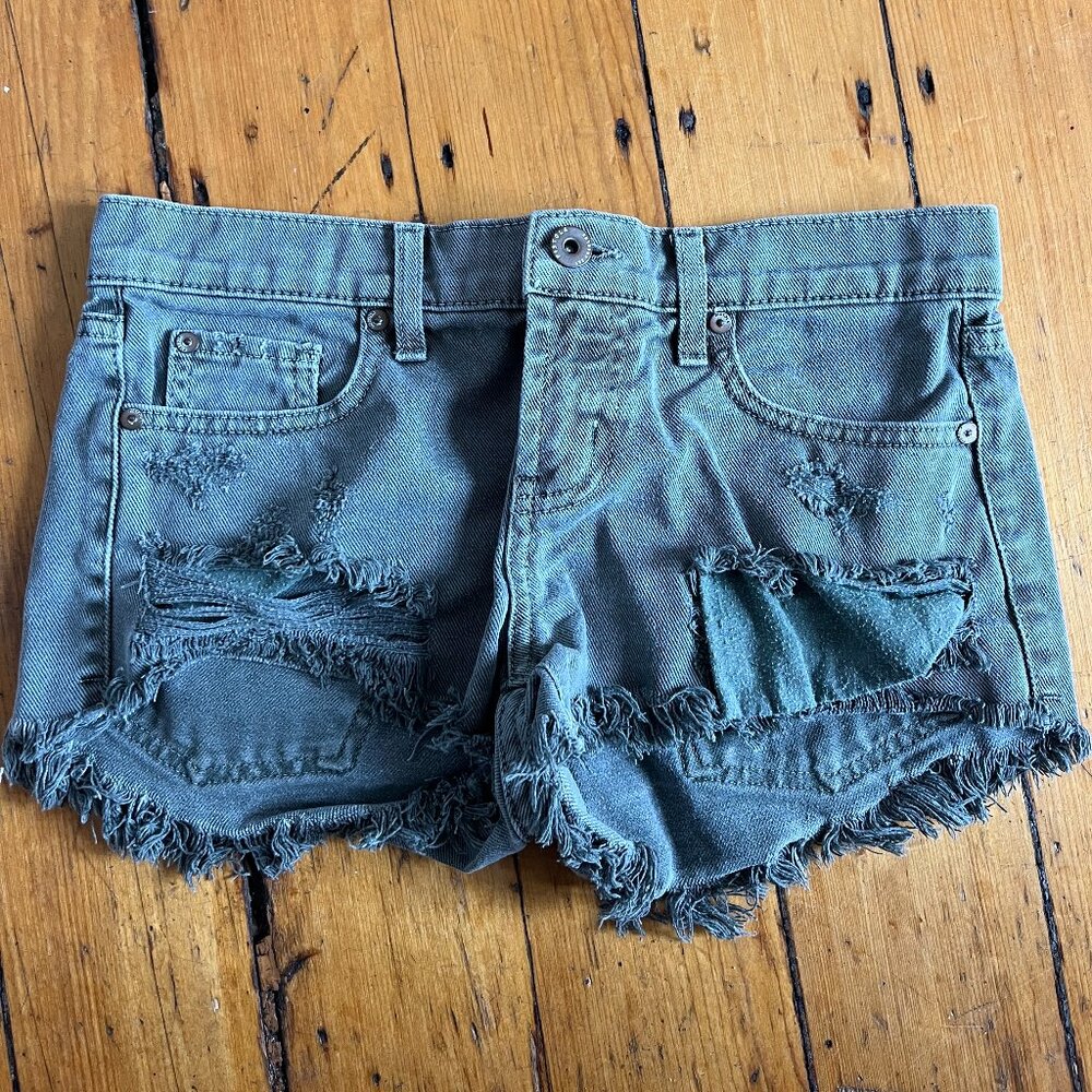 Pistola Green Low Rise Frayed Denim Shorts